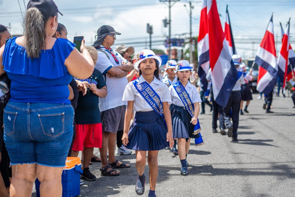 School Children Marching on the Street in the Independence Day Parade in Costa Rica